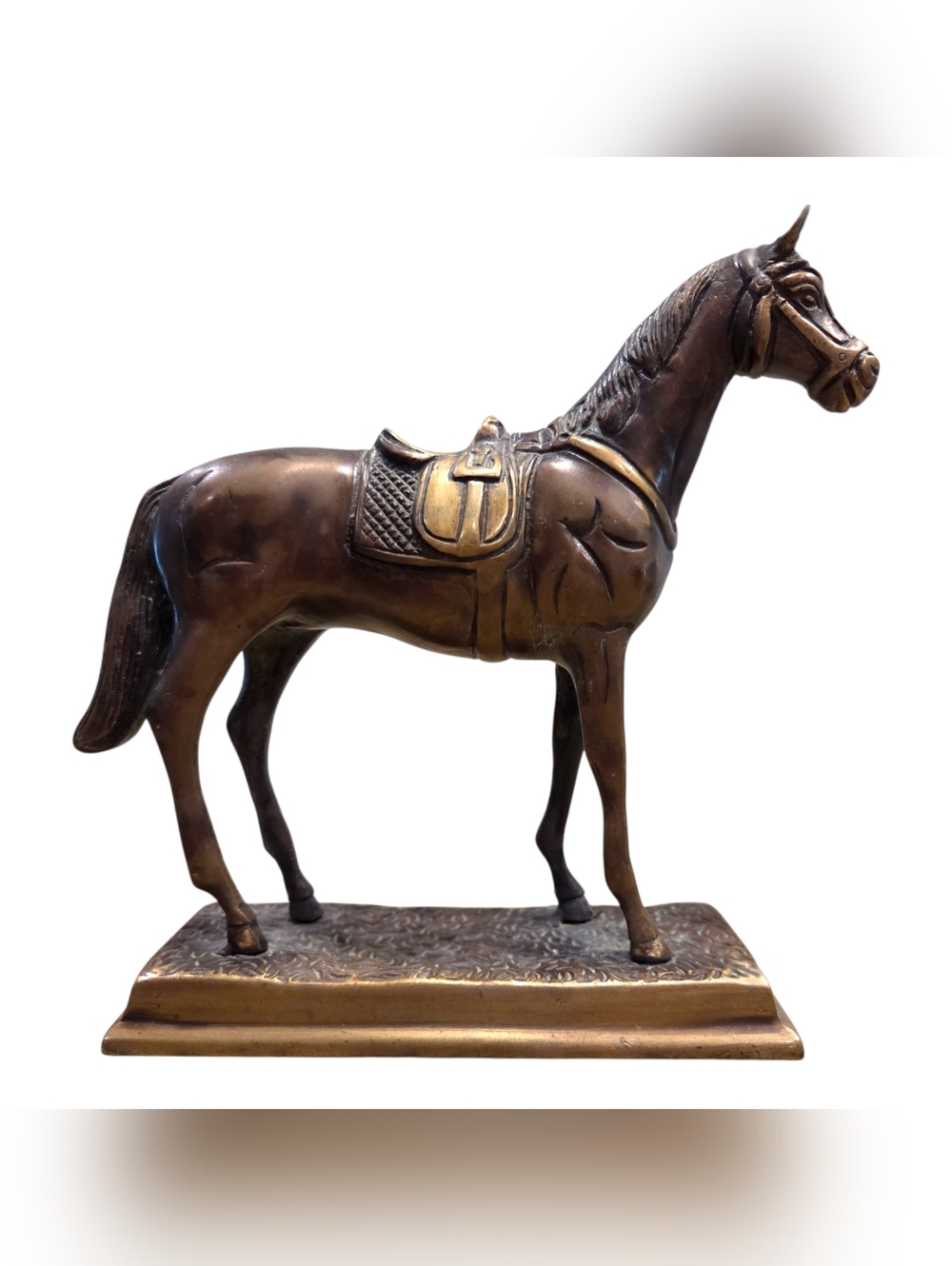 Vintage Bronze Horse On A Stand With Saddle Sculpture